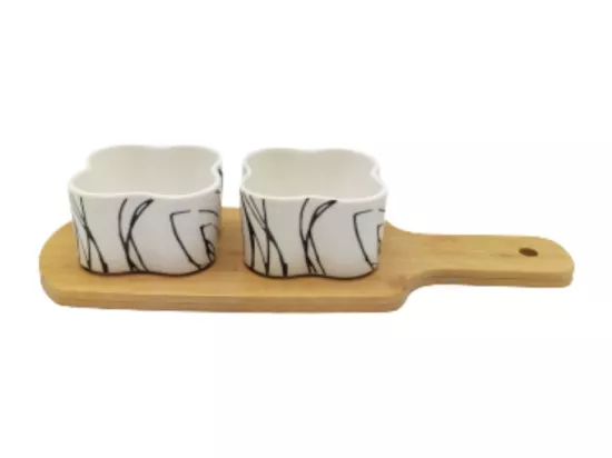 ~ Set apéritif tapas 2 verrines en bambou et céramique blanc et marron 27.5 x 10 cm