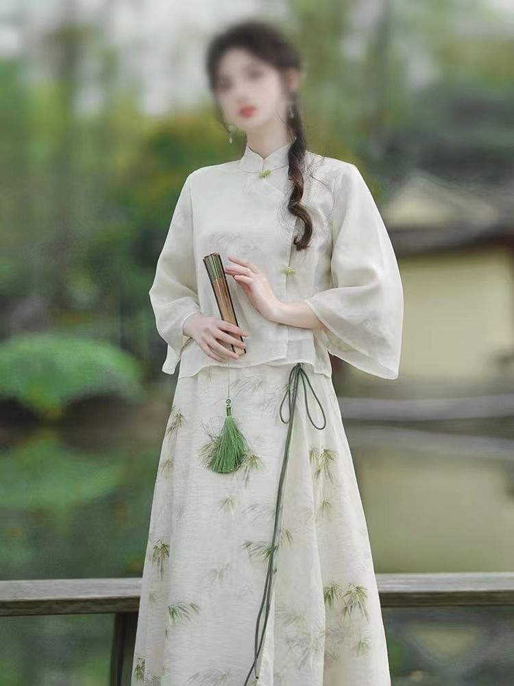 Fioridi - 3/4-mouw bamboe print Hanfu top / midi A-lijn rok / set