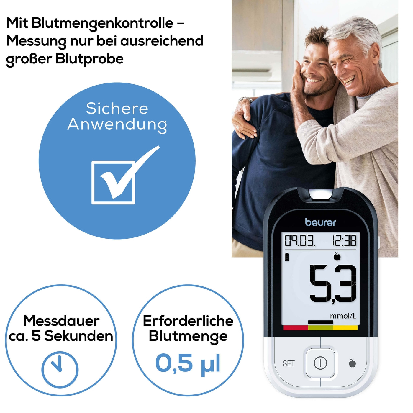 GL 48 Blutzuckermessgerät mmol/L mit Code-Freien Teststreifen / Streifenauswurffunktion (46367) - Schwarz / Weiss