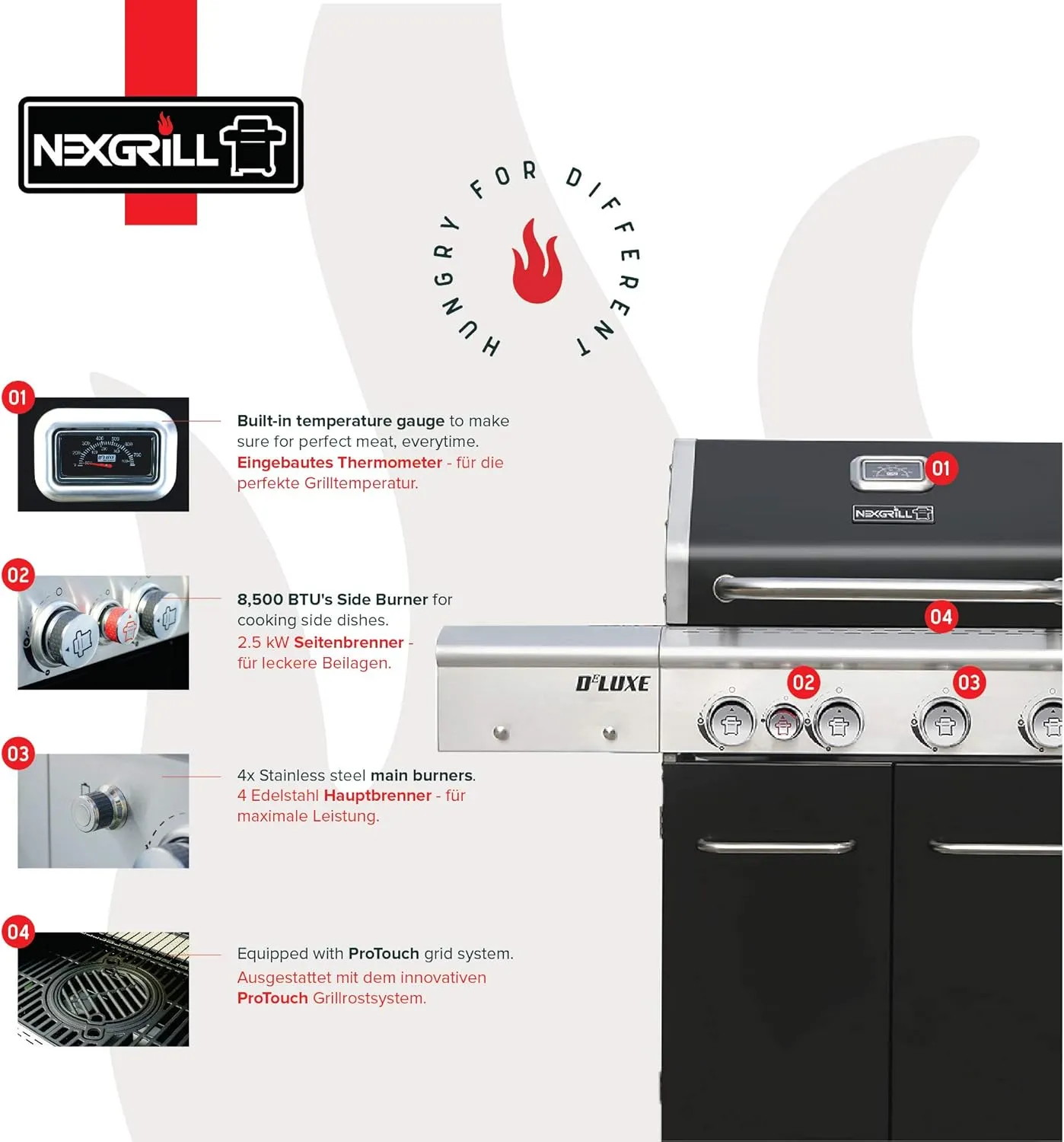 Nexgrill Deluxe Gasgrill 4 Brenner Gas Grill mit Edelstahl-Seitenkocher & Keramik Heckbrenner I Grillwagen mit Pro Touch Gusseisen-Grillrost I Gas Griller 4+2