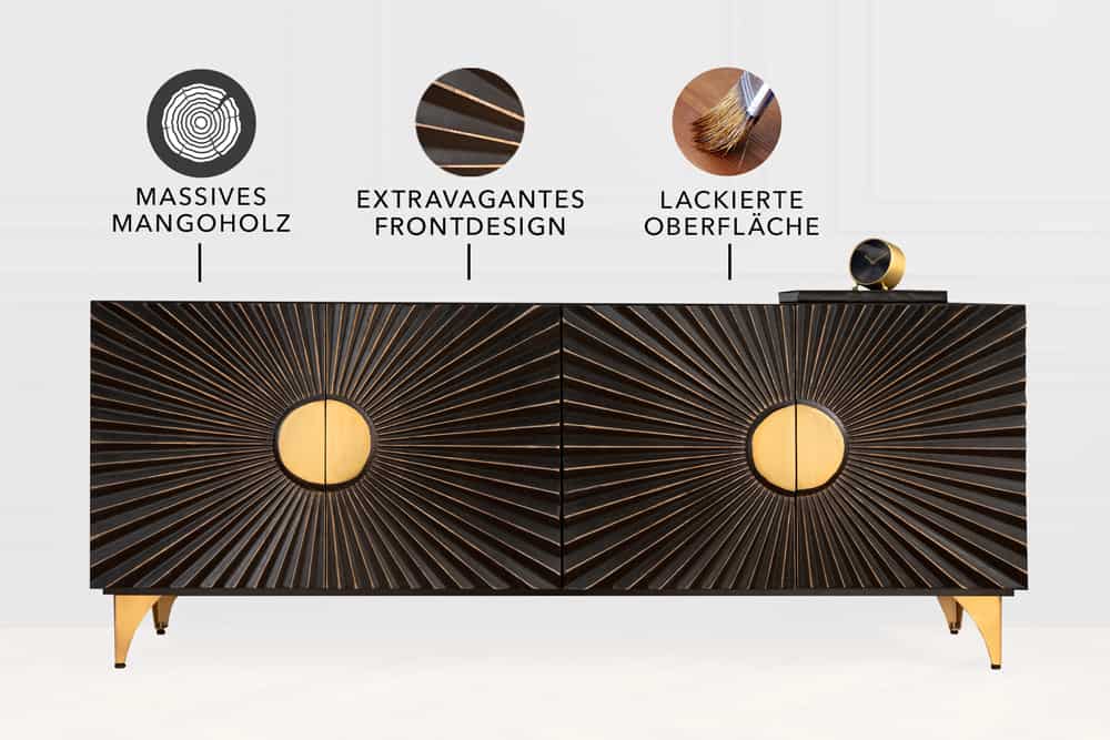 Massives Sideboard SOLARIS 180cm schwarz gold Mangoholz 3D-Design