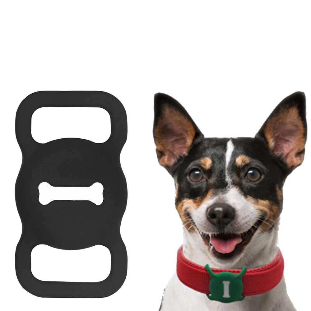 Apple AirTag Silikon Case Hülle Halsband Halterung für Haustiere im Knochen Design (Hund / Katze) - Schwarz