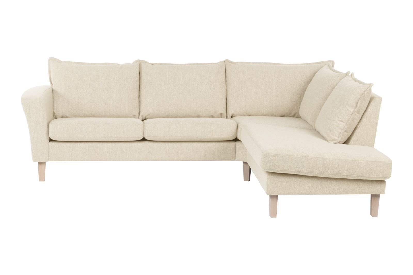 Slogen hjørnesofa Oppsett AH. 2,5-seter med åpen ende høyre. Tekstil Viva Marble med soft ryggpute. Vange A og hvitpigmentert ben 178.