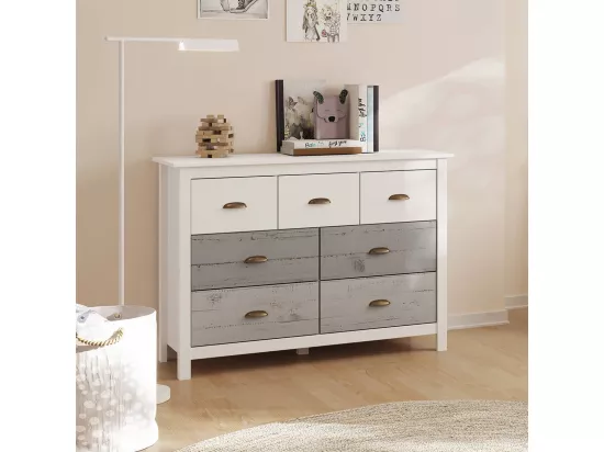 ROSALIA - Commode 7 Tiroirs Bois Aspect Vieilli Blanc et Grisé