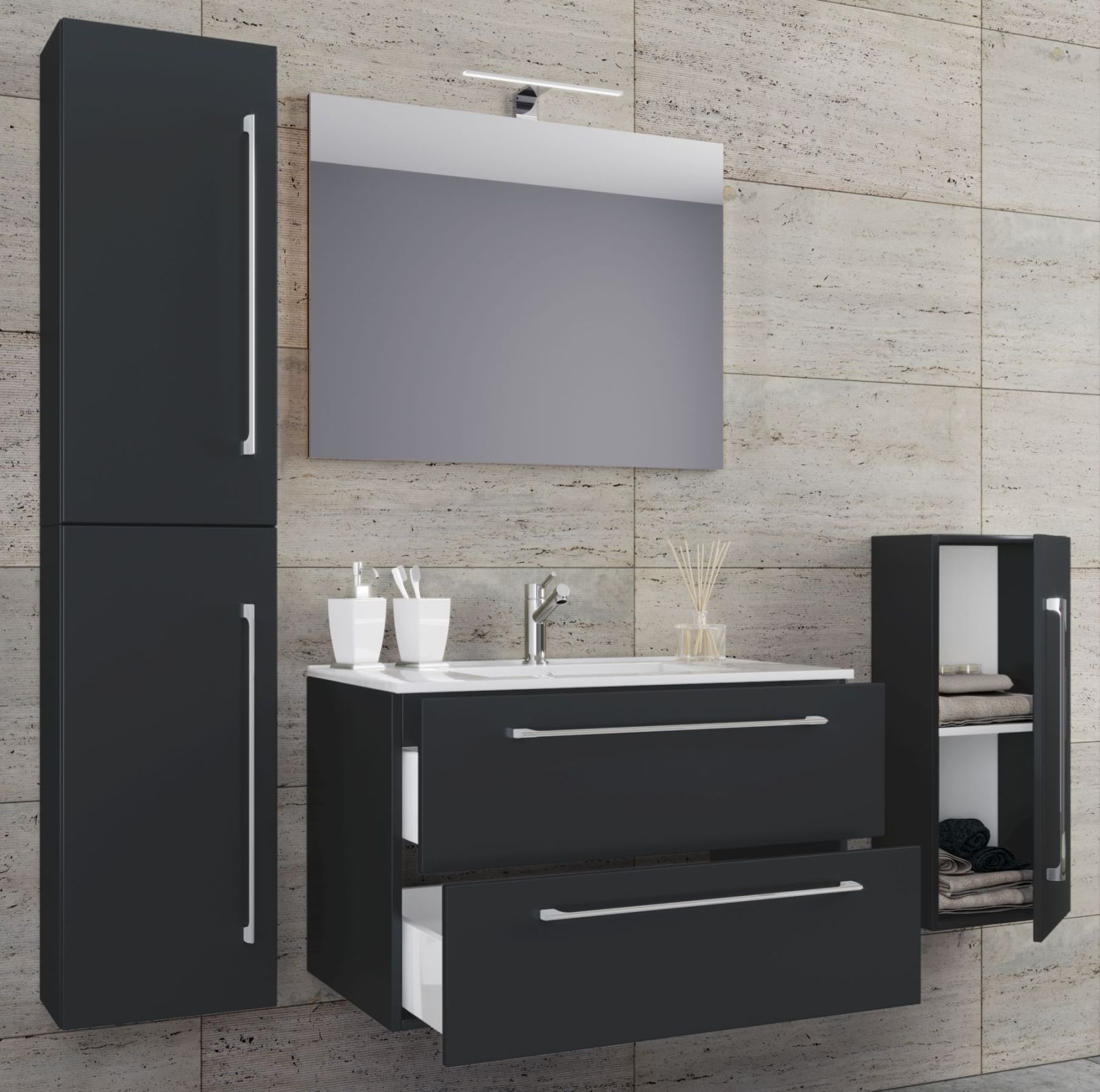 5-teiliges Badmöbel-Set BADINOS 2 - schwarz - mit Midischrank - 146 cm