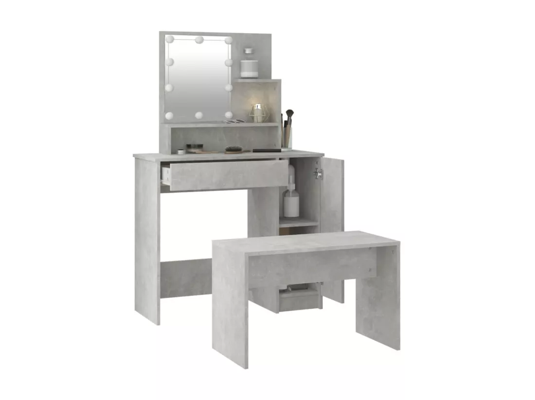 Ensemble de coiffeuse avec LED Gris béton Bois d'ingénierie