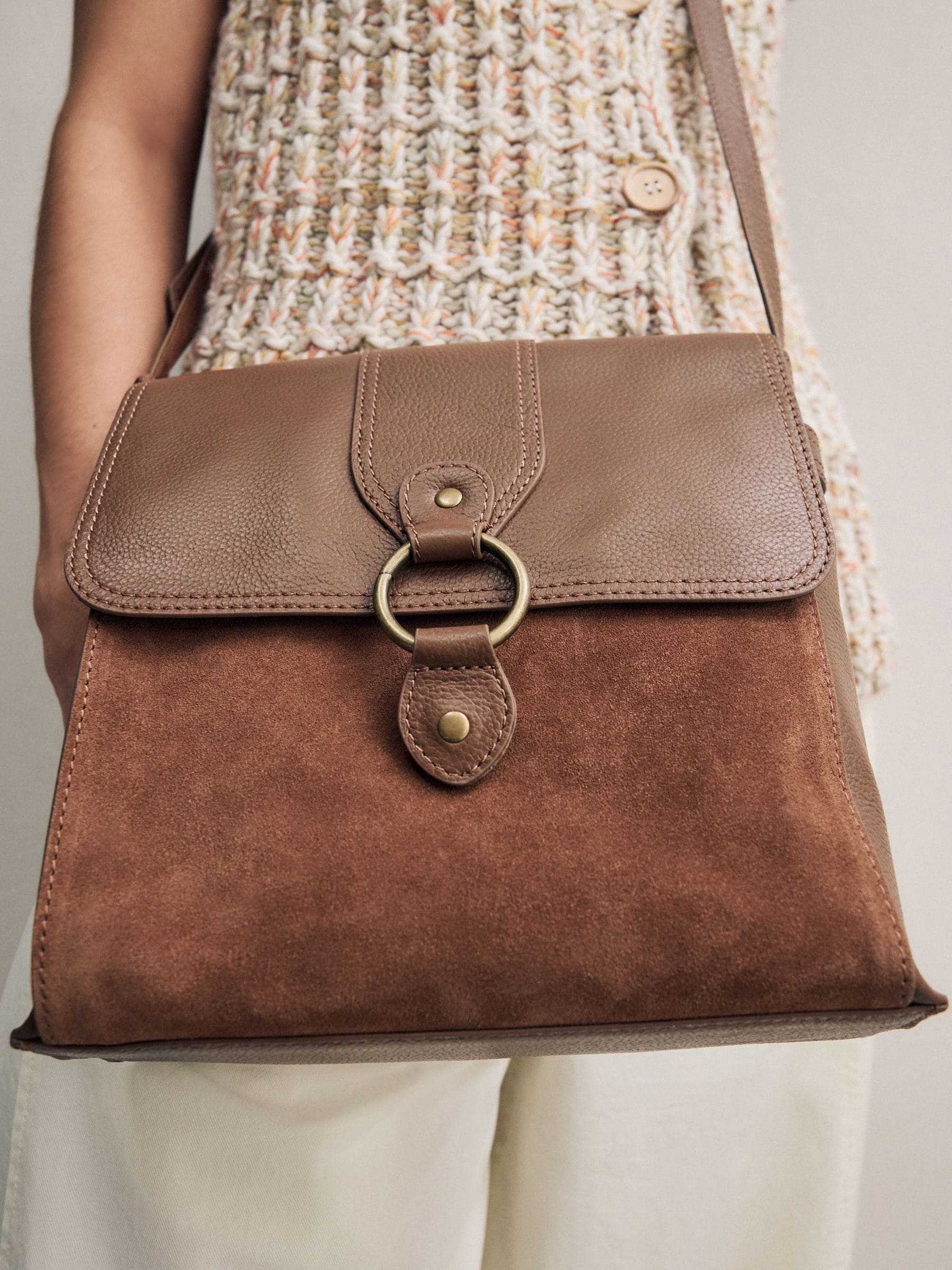 Lichtbruin - Leren messenger-tas met vak