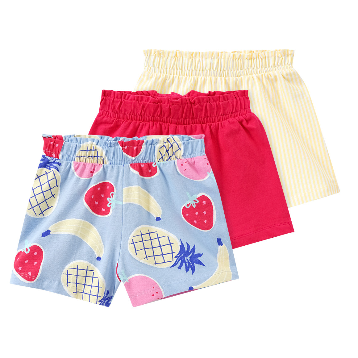 Famy 3 Mädchen Shorts mit bunten Motiven hellblau / rot / hellgelb