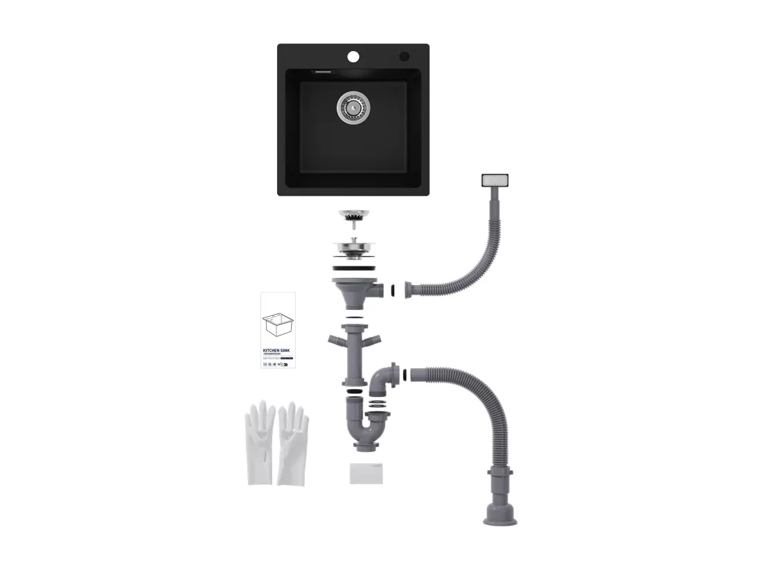 Cecipa max Evier 1 Bac en Quartz et Résine Noir Evier de Cuisine 45x45cm Evier à Encastrer 1 cuve + 300ML Distributeur de Savon Noir