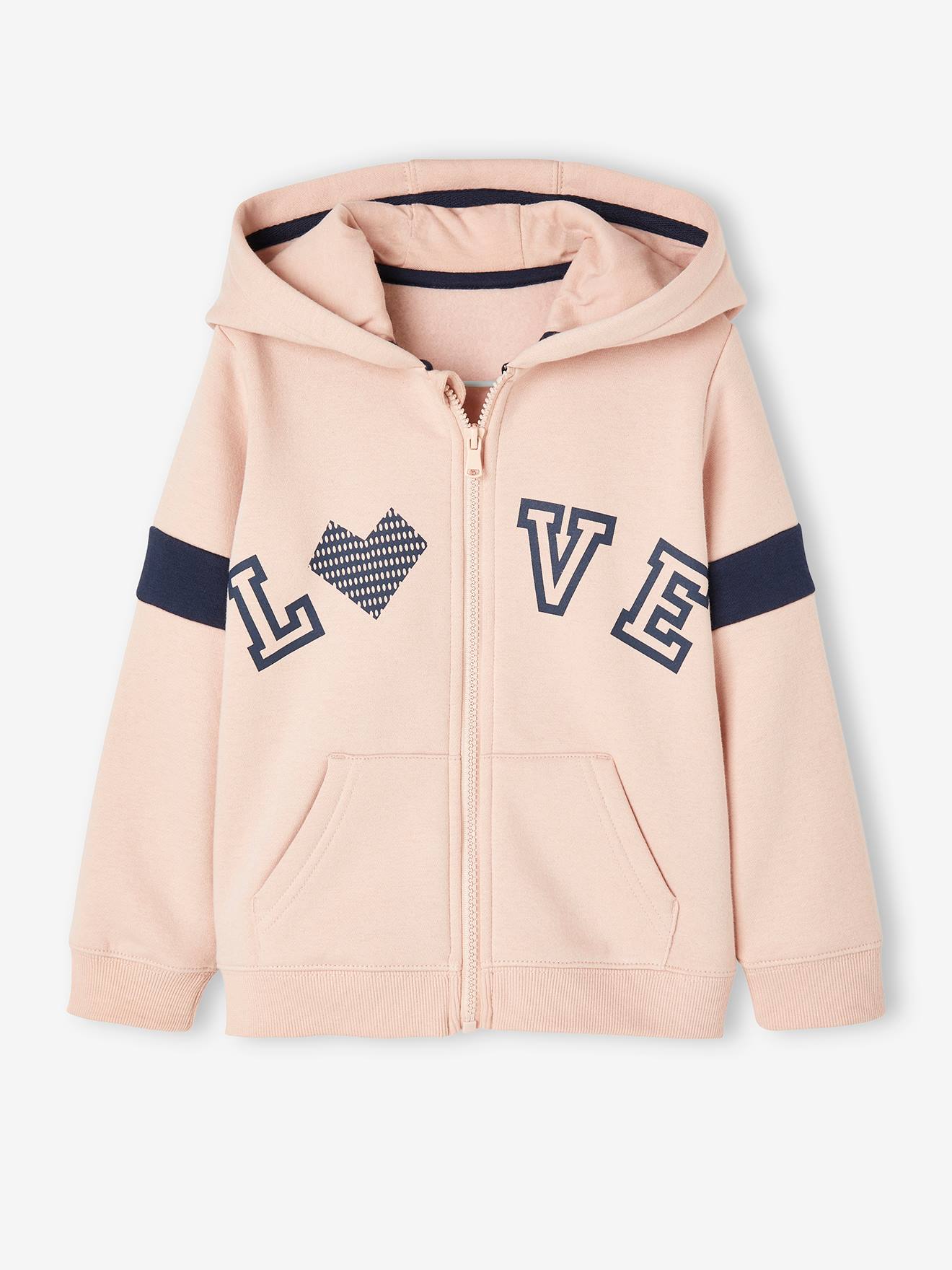 Blusa de moletom rosa claro lisa com zíper para meninas e detalhes estampados.