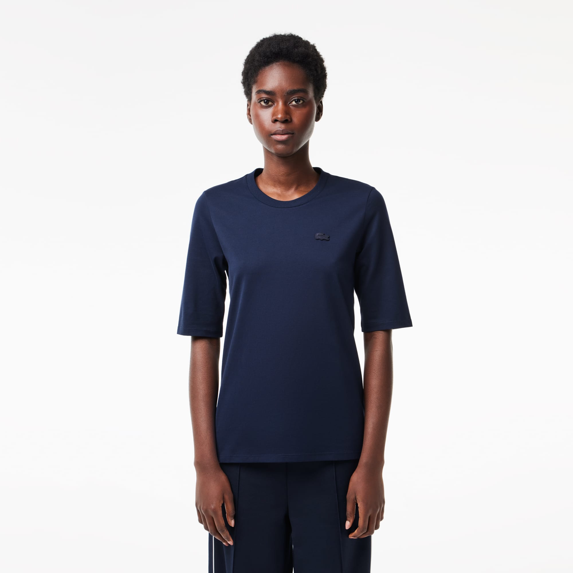T-shirt à col rond et manches trois-quarts en coton uni T-Shirts - Bleu - Lacoste - Femme