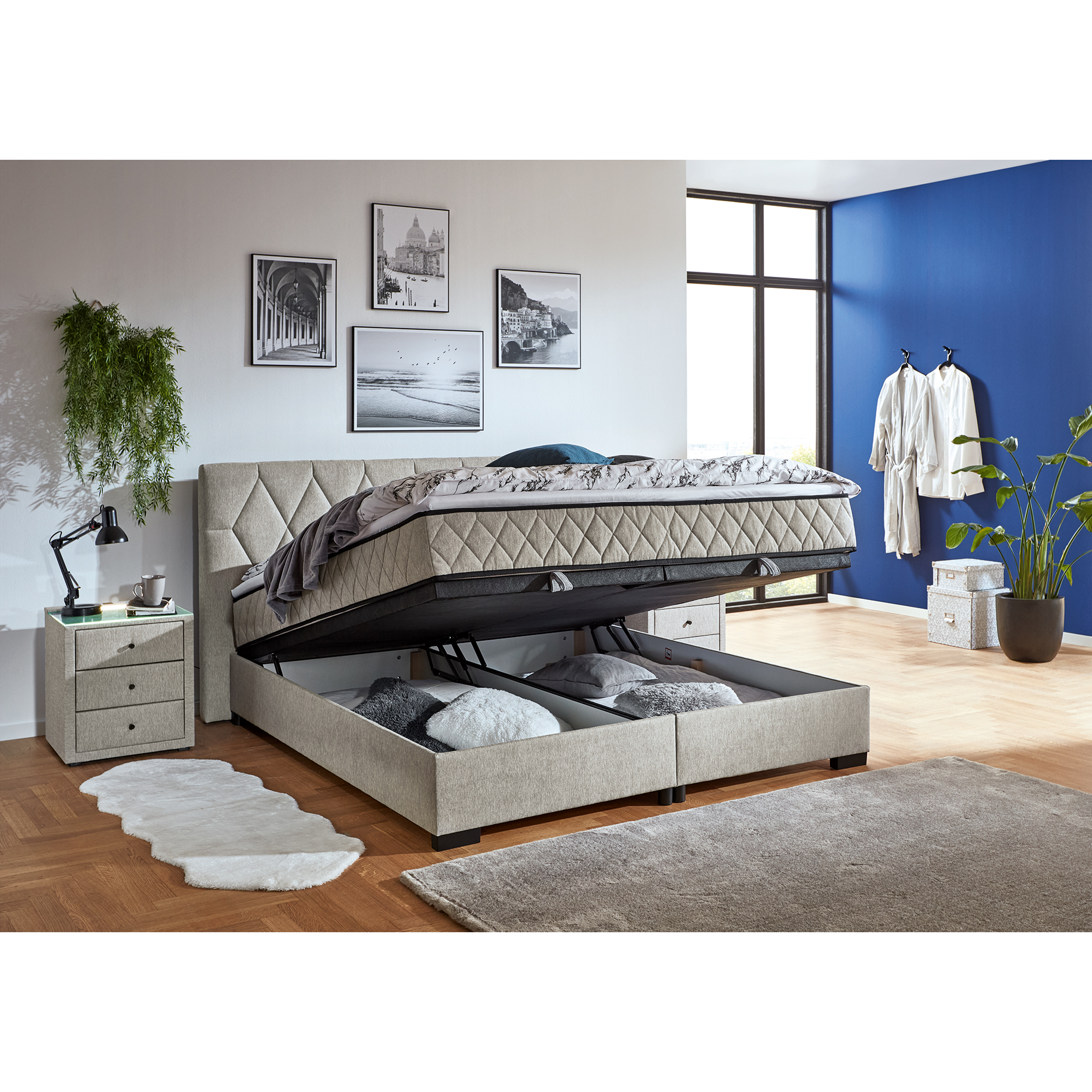 Polsterbett - beige - mit Bettkasten - H2 - 180x200 cm