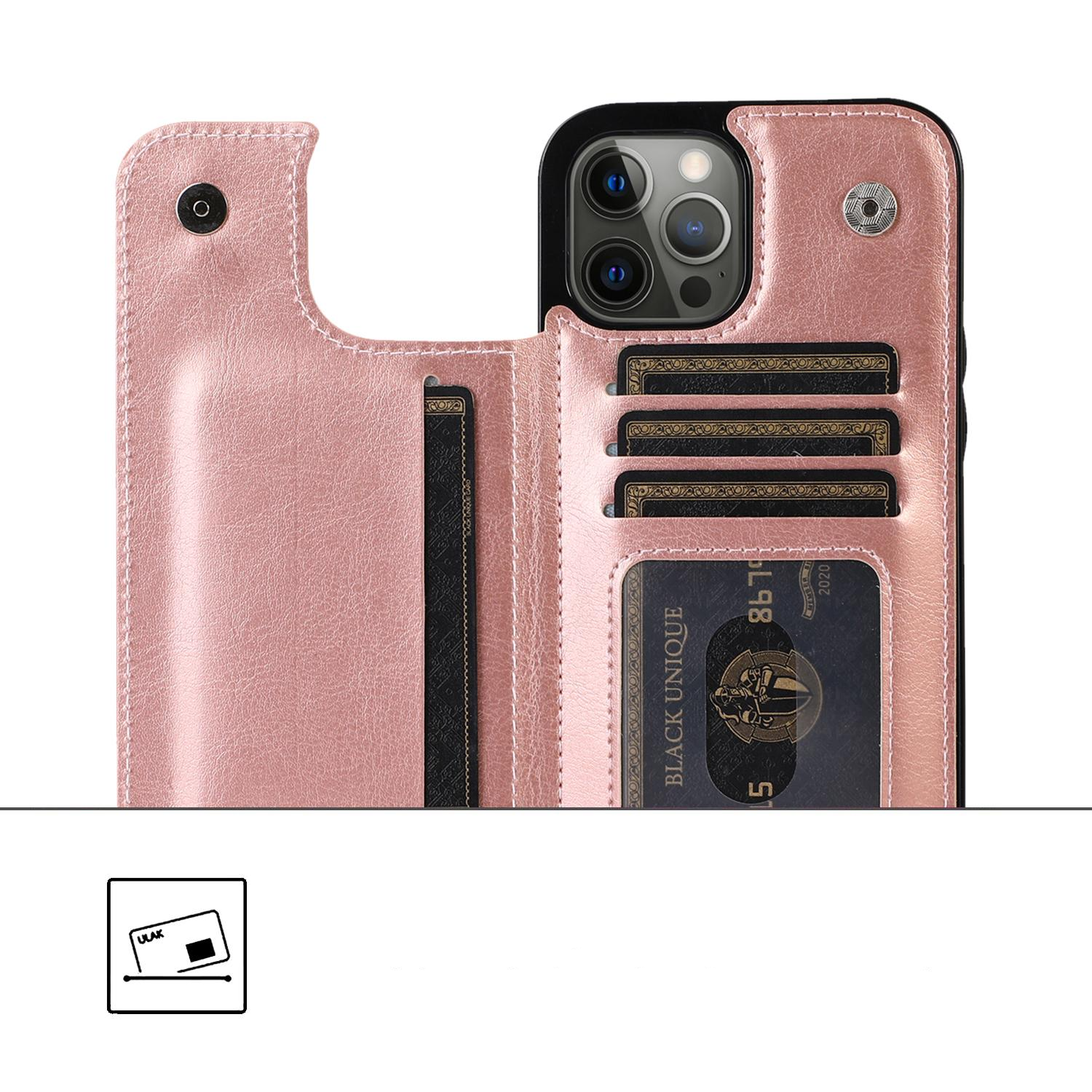 iPhone 14 Pro Hybrid Leder Hülle mit Kartenfach   Kickstand Aufsteller - Roségold