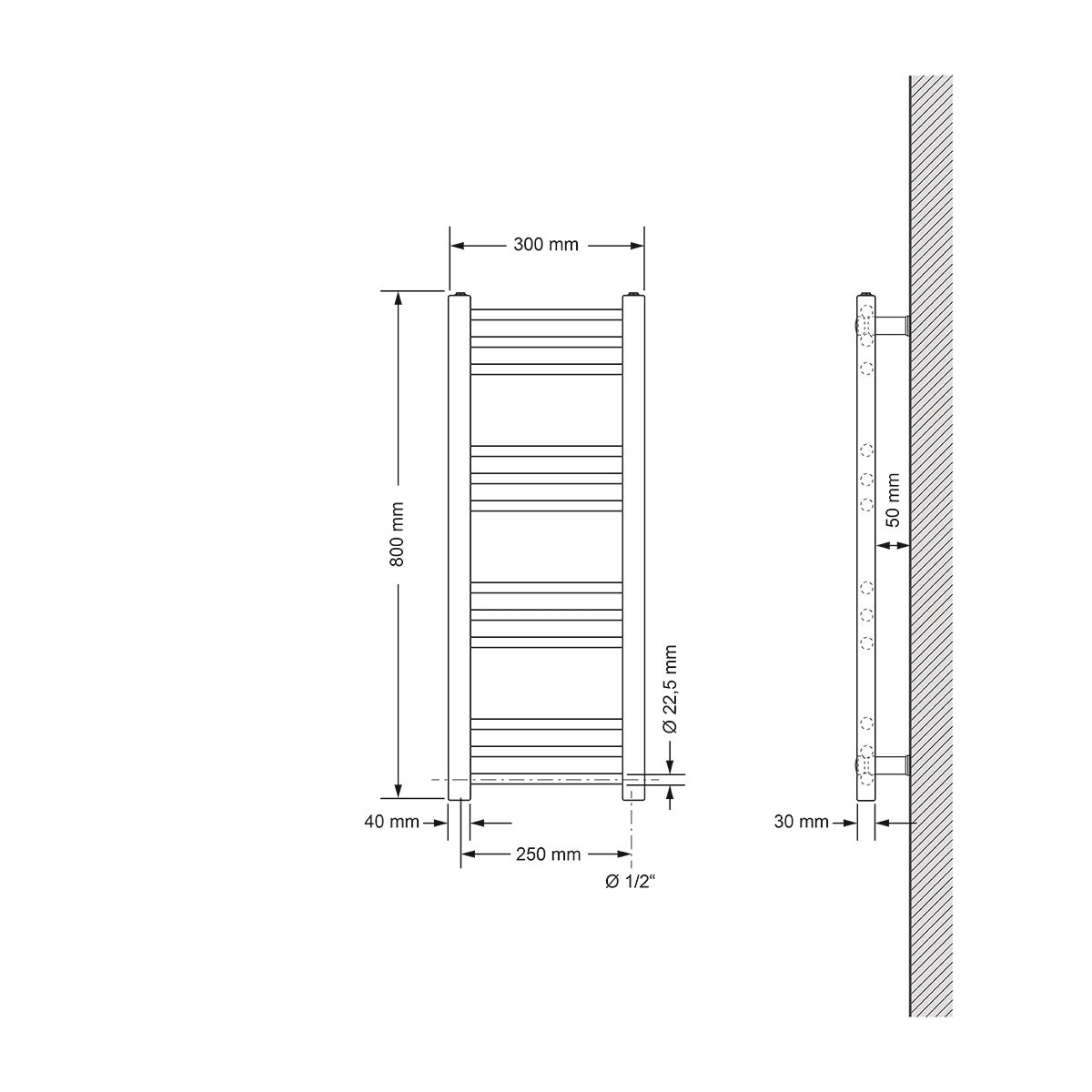ECD Duitsland Elektrische badkamerradiator met 600W verwarmingselement ECO - 300 x 800 mm - Wit - Recht met zijaansluiting - Radiator Handdoekverwarmer Handdoekdroger