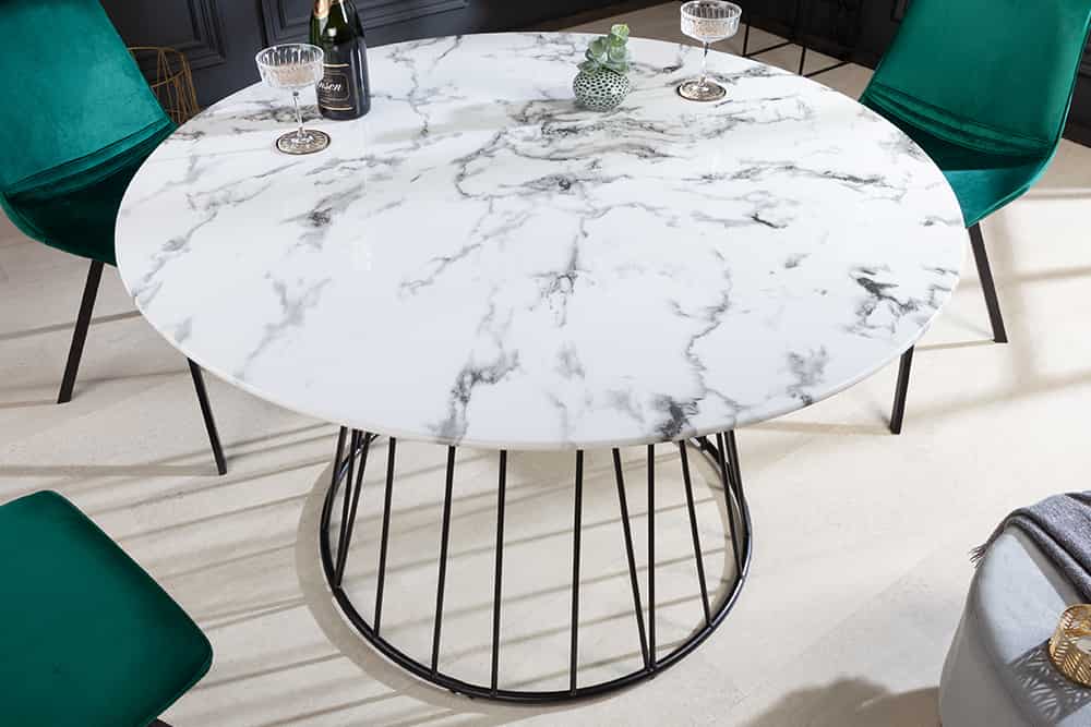 Runder Esstisch PARIS 120cm weiß Marmor-Design Glas schwarzes Metallgestell