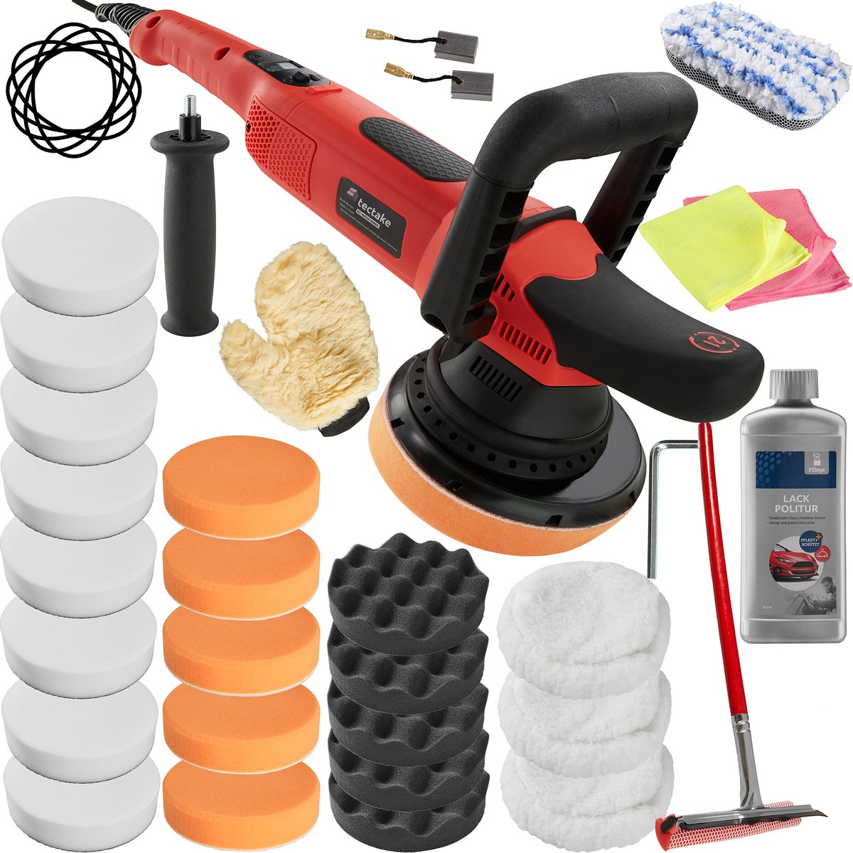 28-delige excentrische polijstmachineset tectake 810 W inclusief lakpolijstmiddel, 2 microvezeldoeken, wisser, spons, handschoen en 2 reservekoolborstels