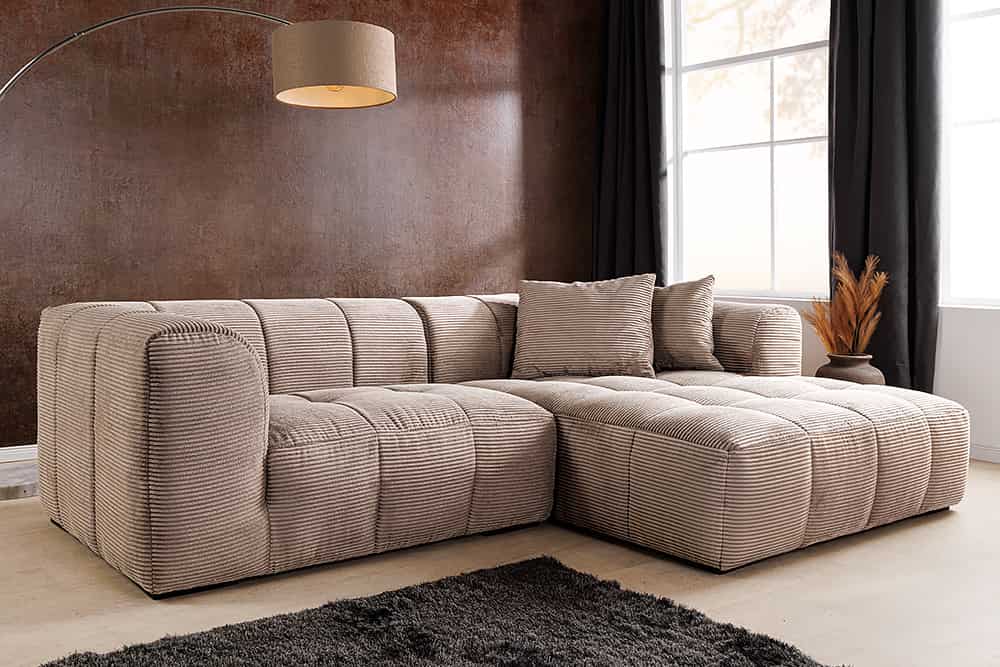 Modernes Ecksofa ZERO GRAVITY 240cm greige Cord 3-Sitzer Couch L-Form