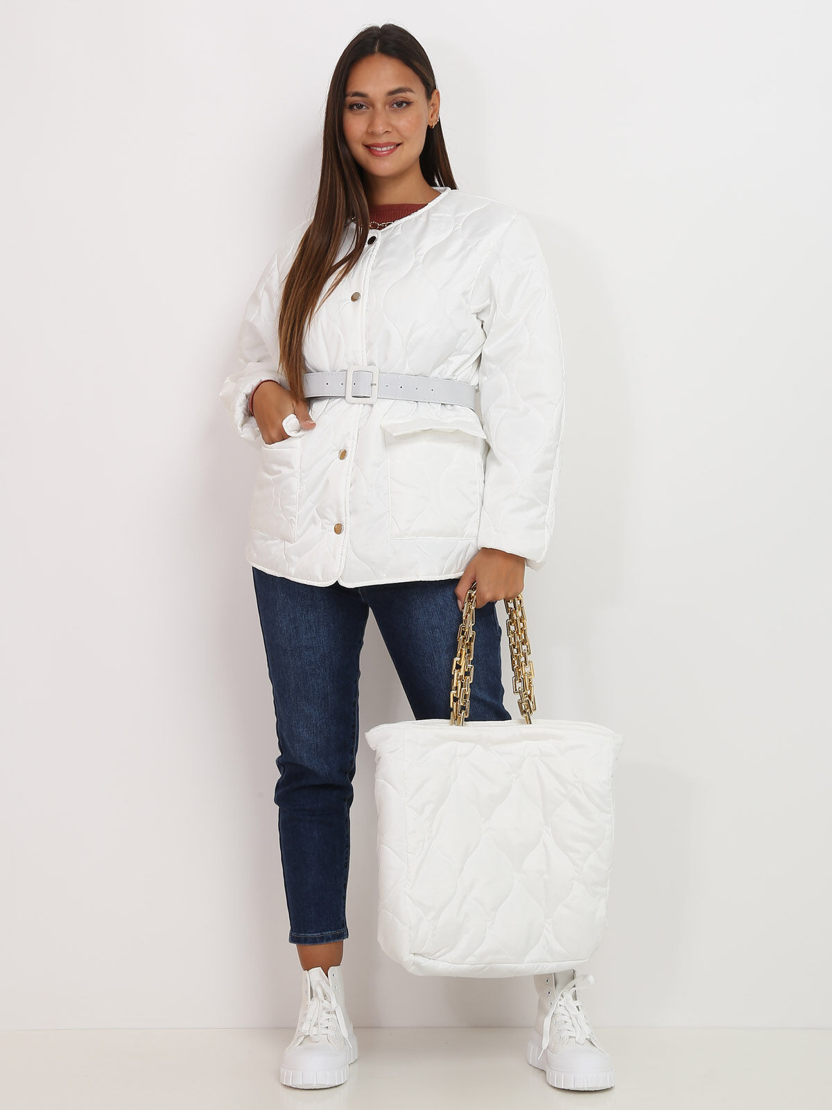 Veste matelassée ceinturée- Blanc