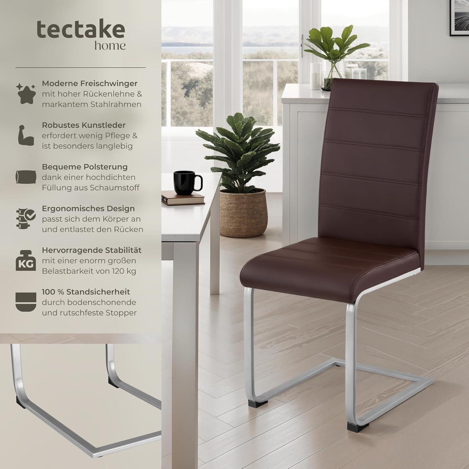 tectake Freischwinger Schwingstuhl, Stuhl 6er Set, Moderne Esszimmerstühle oder Küchenstühle mit strapazierfähigem Kunstleder Bezug - braun