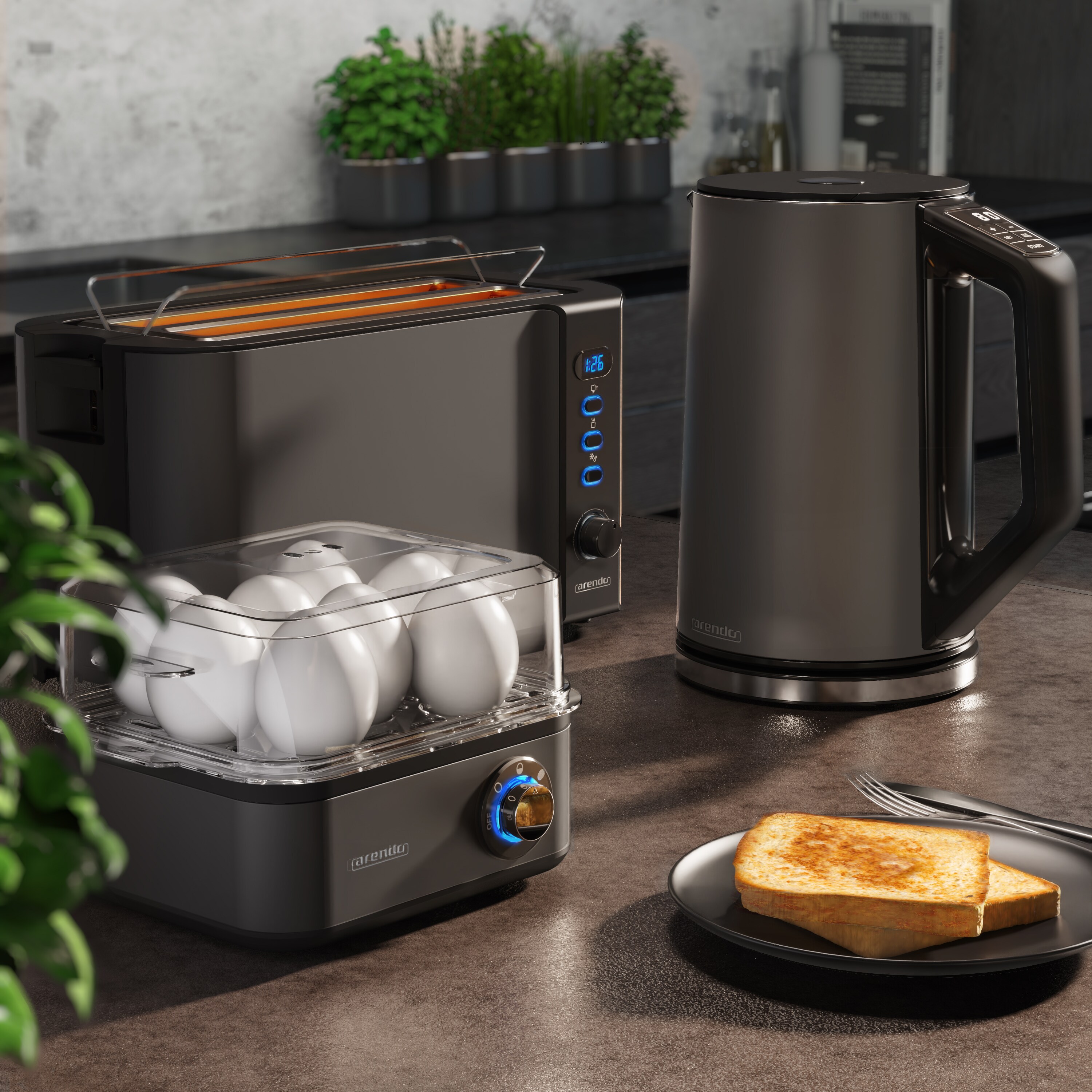 Arendo 3-teiliges Frühstücksset - Wasserkocher 1,5l, 4-Scheiben Toaster, 8er Eierkocher, Grau