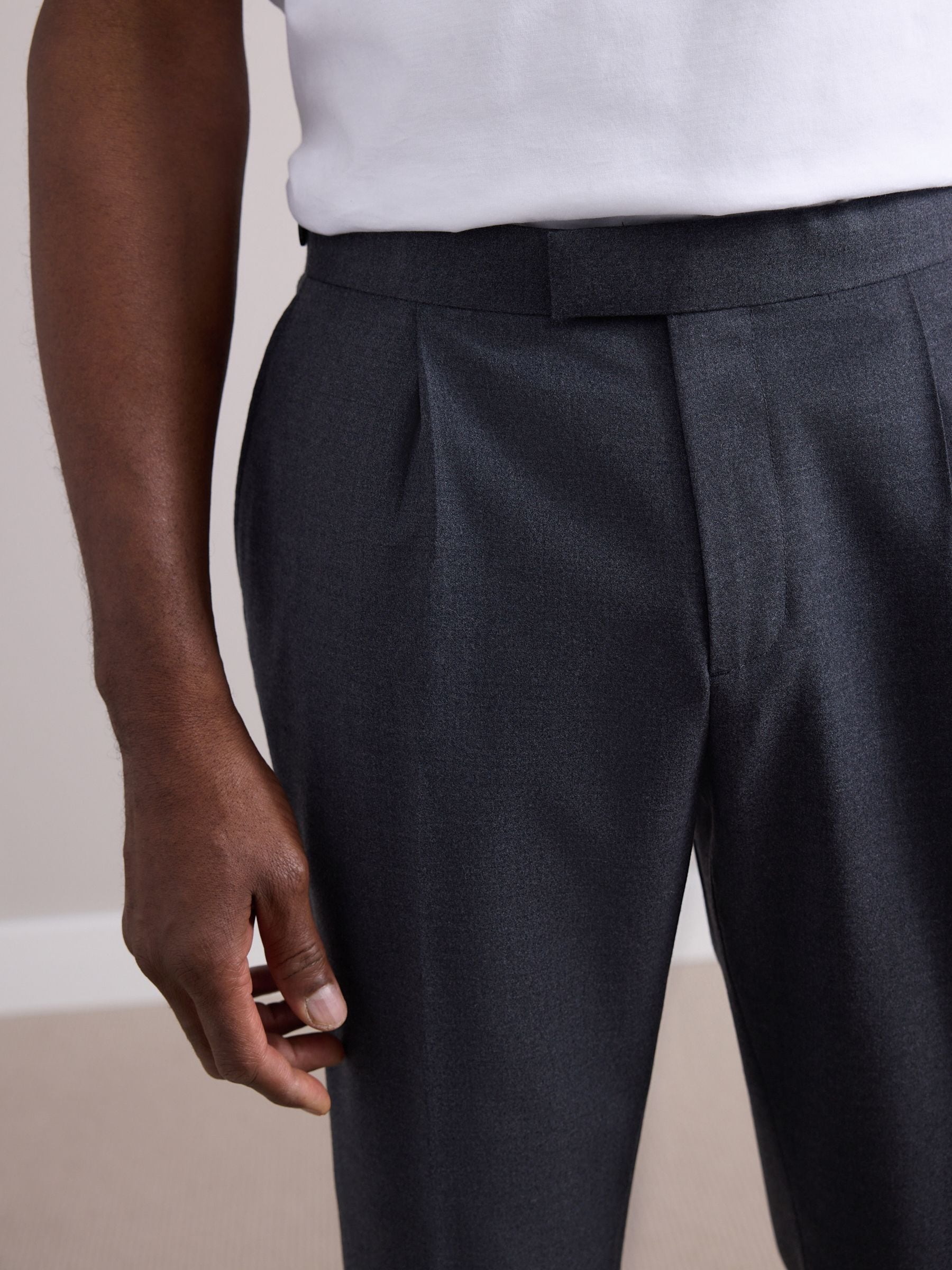 Antraciet - Wollen Rijke Slim Textuur Broek Met Zijverstellers