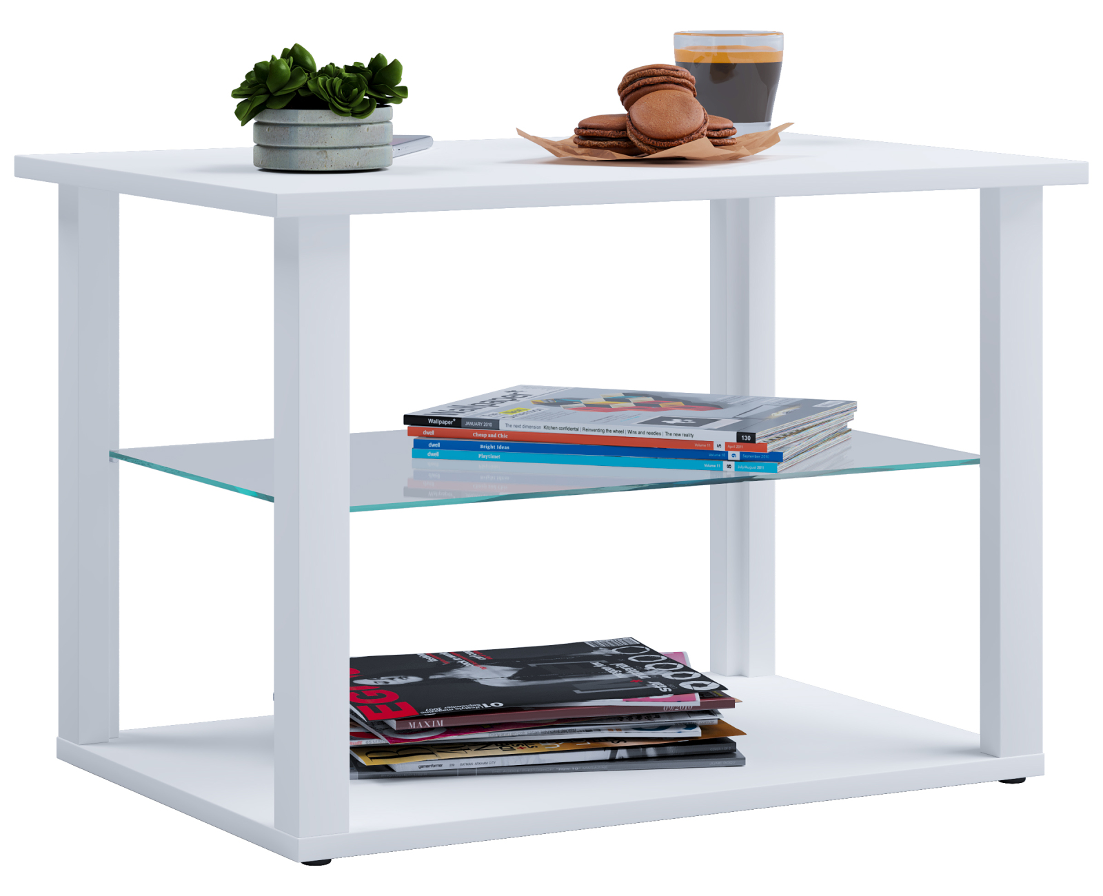 Couchtisch WANILO M - weiß - Glasboden - 65x45 cm