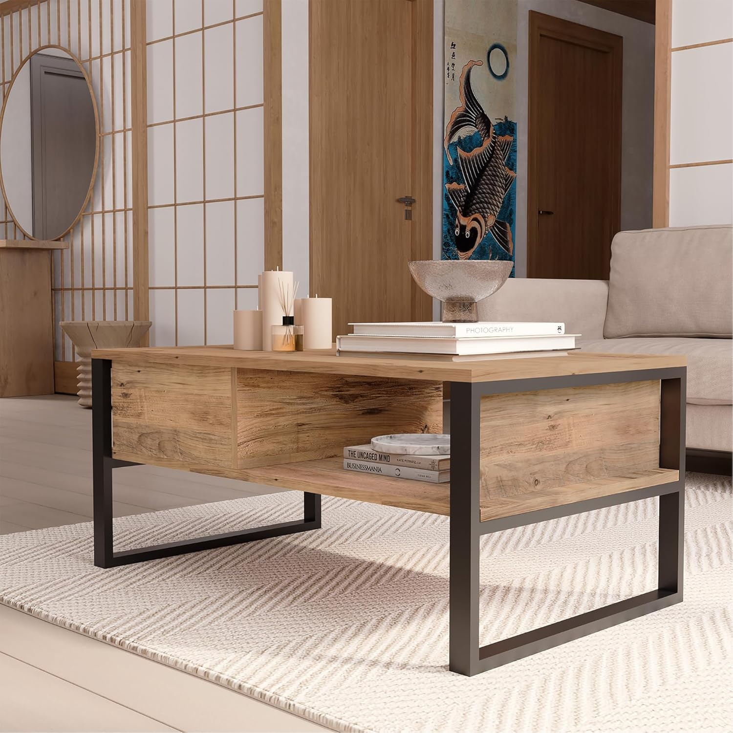 [en.casa] Couchtisch Laukaa Wohnzimmertisch Tischplatte rechteckig Beistelltisch 100 x 60 x 45 cm Sofatisch Stauraum Eicheoptik rustikal