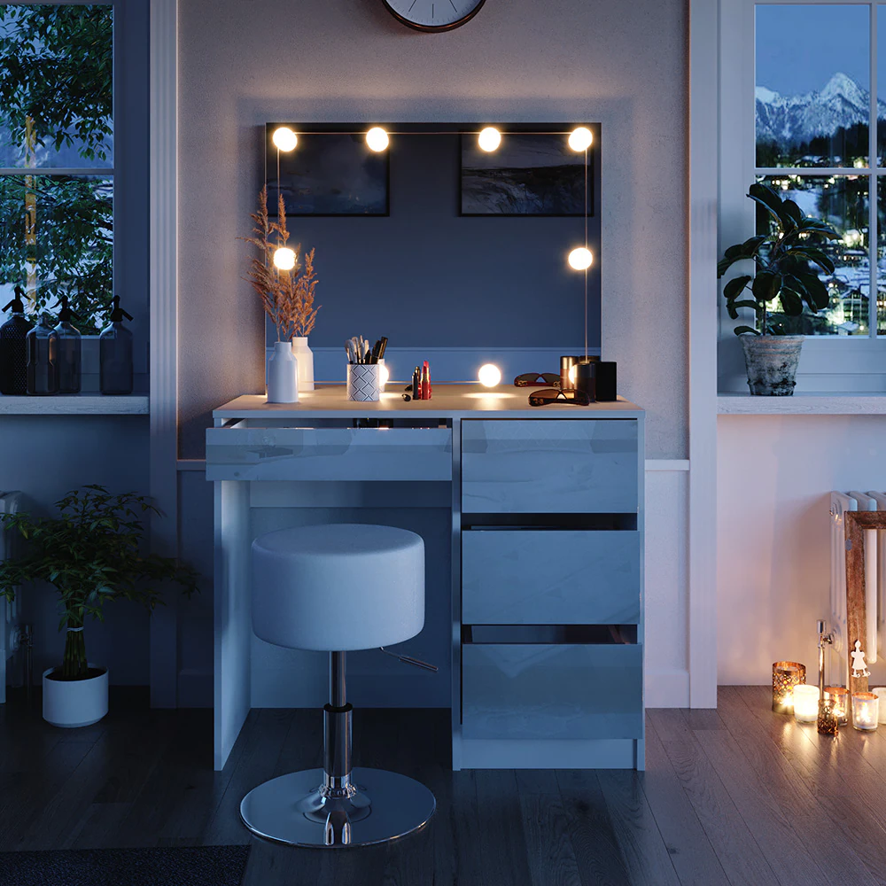 Vicco Schminktisch Frisiertisch Frisierkommode Sherry Weiß Schminkspiegel LED Hocker 90x75 cm modern Schlafzimmer Kommode Schublade Ablage Aufbewahrung Kosmetiktisch Make-Up-Tisch Hochglanz