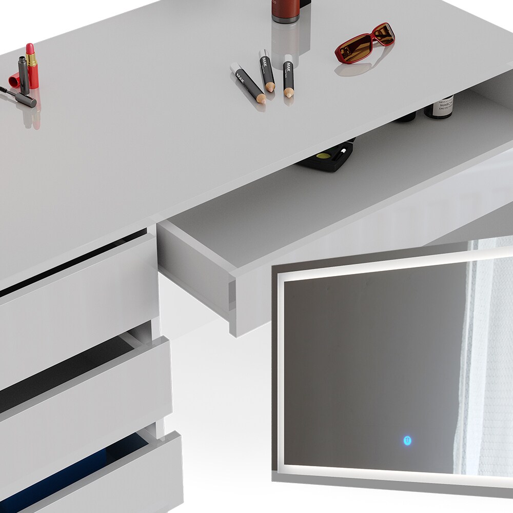 Schminktisch Sherry weiß hochglanz Frisiertisch LED Spiegel 5 Schubladen Kommode Hocker Vicco