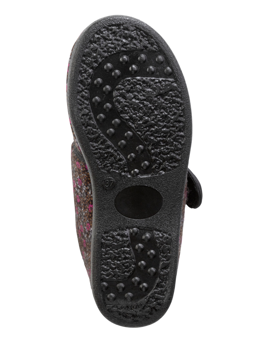 Klettschuh-Hauschuh aus floral bedrucktem Textilmaterial