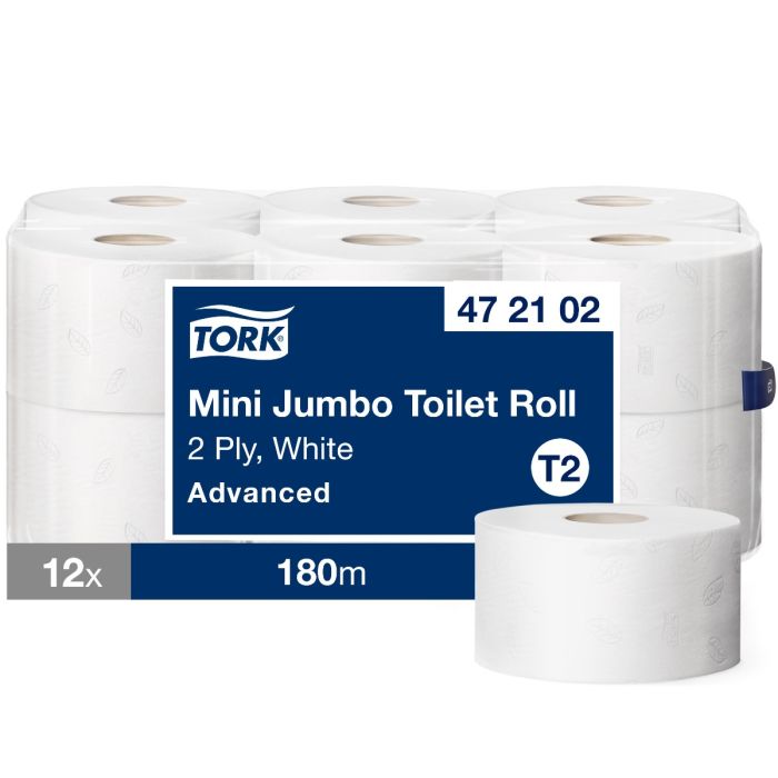Tork 472102 12st Mini Jumbo Toiletpapier 2-laags Wit T2 Advanced pak à 12 rollen (472102)