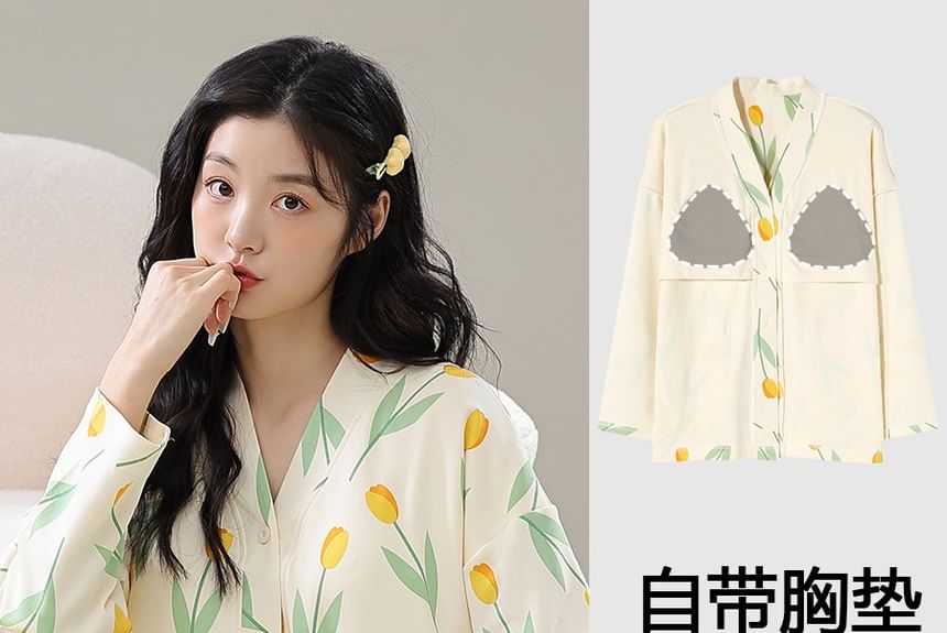 Jeony - Pyjamaset: lange mouwen, gewatteerde top met bloemenprint + broek