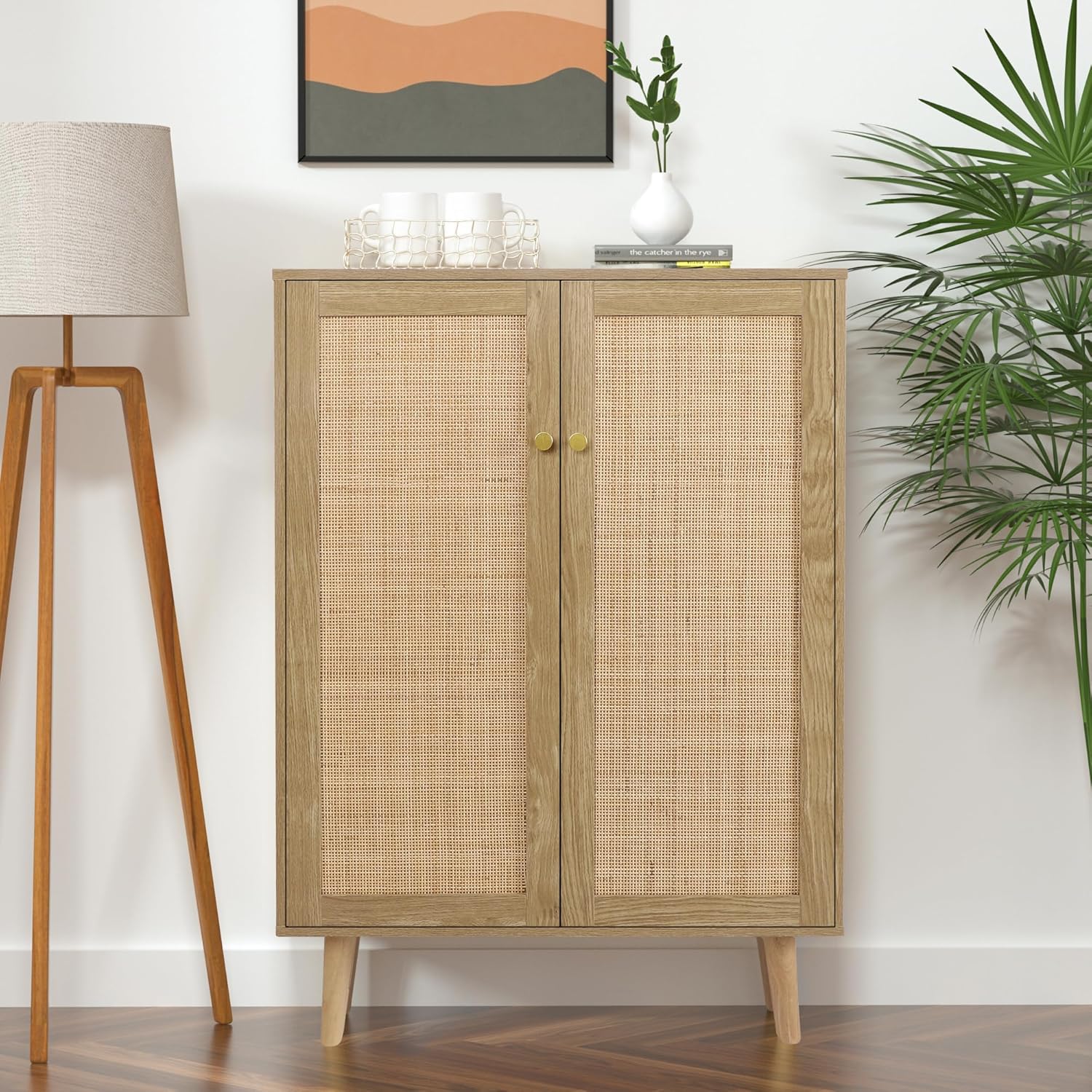 Natur Rattan Küchenschrank, Sideboard mit 2 Türen, Buffetschrank für Küche Aufbewahrungsschrank Möbel, Konsolentisch Kaffeebarschrank TV-Ständer für Wohnzimmer, Esszimmer, Flur