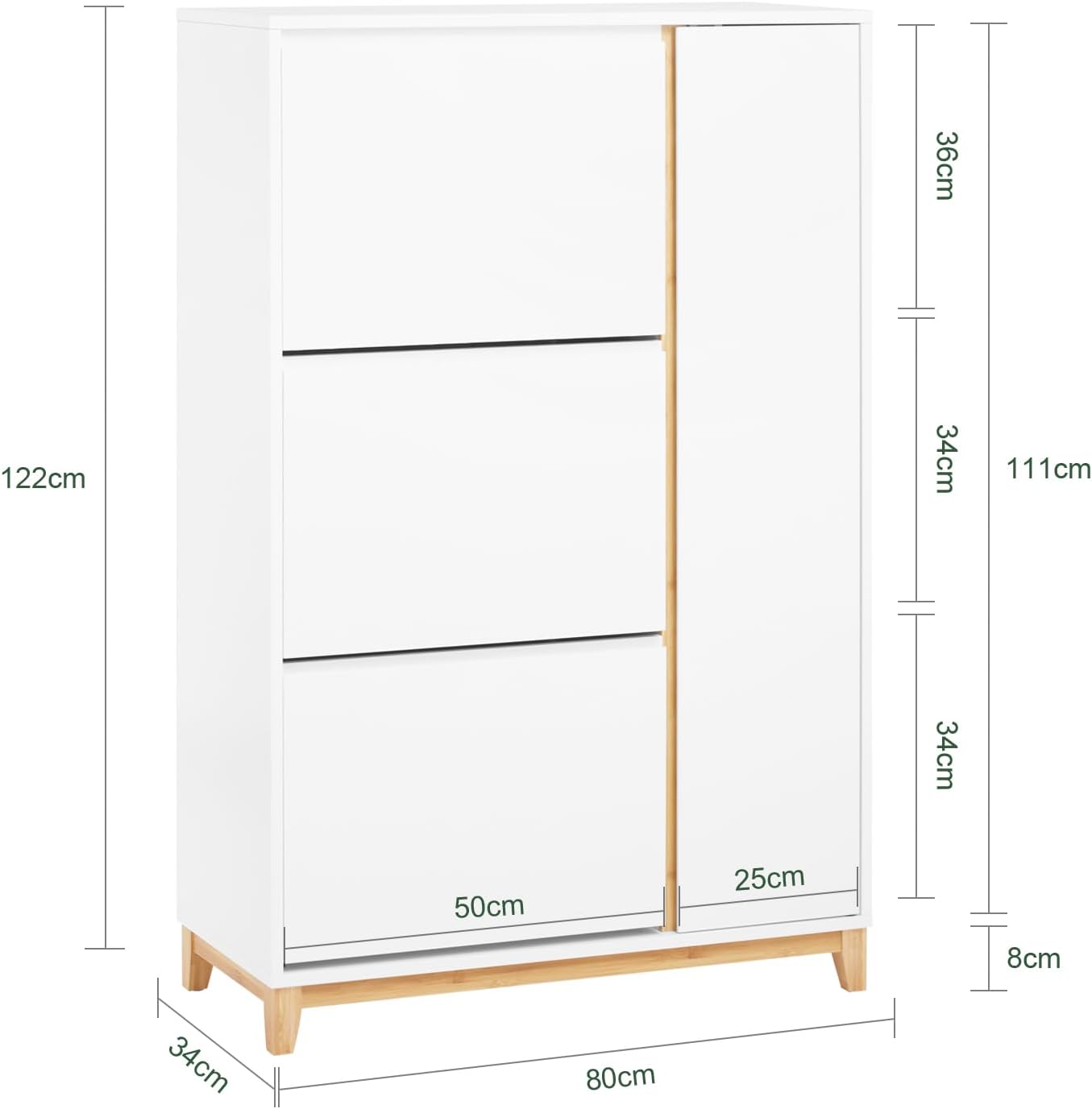 SoBuy Schuhschrank schmal hoch – Schuhkipper mit 3 Klappen und Seitenfächern, schuhregal geschlossen für Flur & Diele, platzsparend, schuhschrank Weiss Natur, 80x122x34cm, FSR189-WN