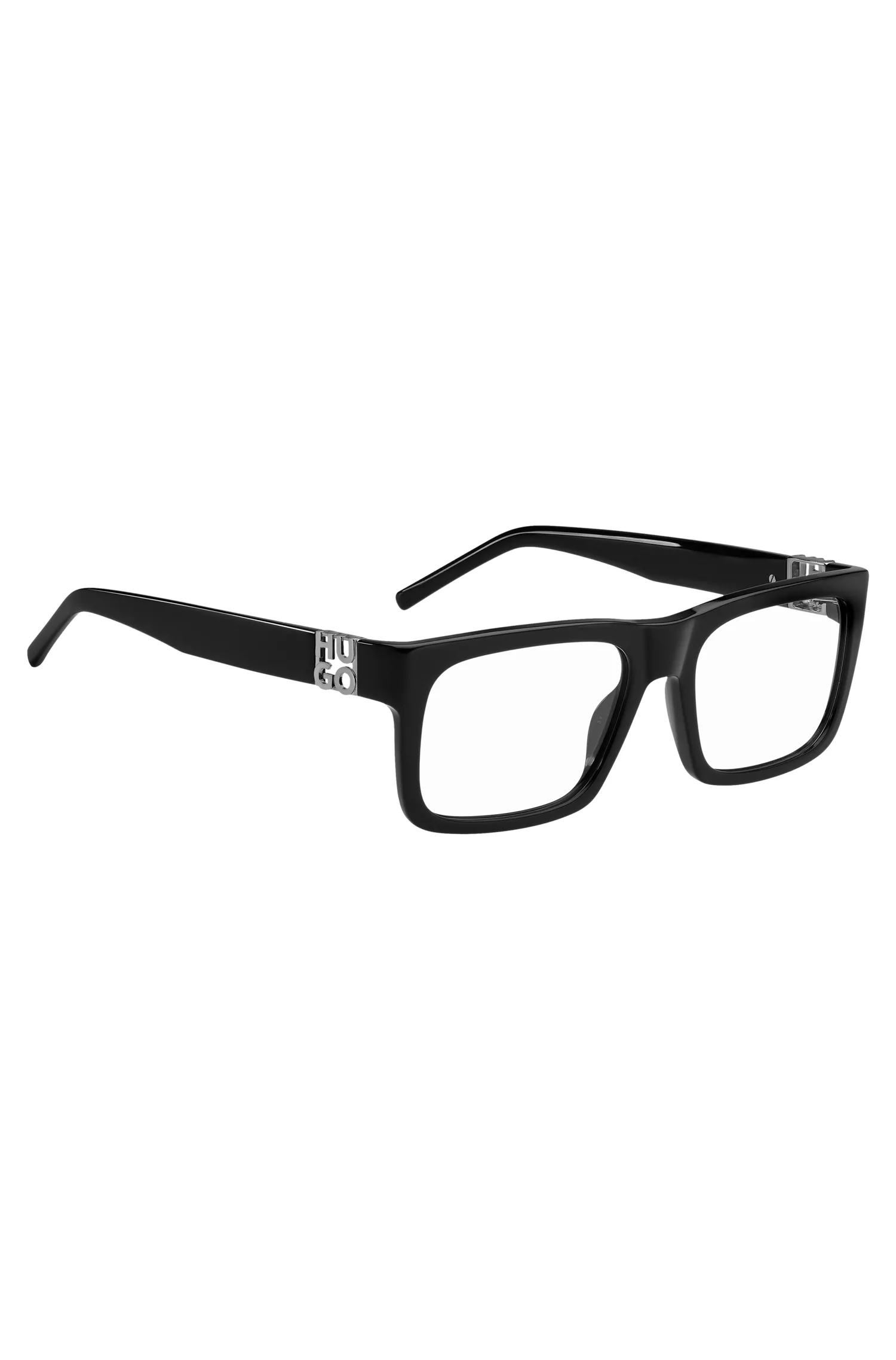 Armação de óculos HUGO em acetato vermelho e preto com monograma 3D.