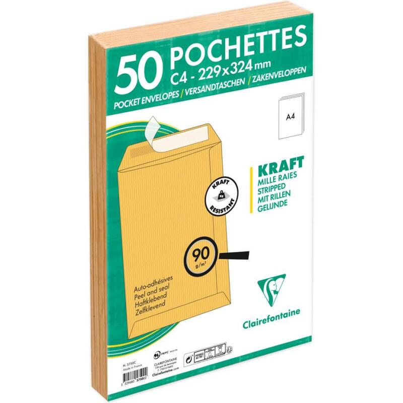 Paquet de 50 Pochettes Kraft Milleraies Brun C4-229x324 mm - Auto-Adhésives - 90g/m2 - Brun
