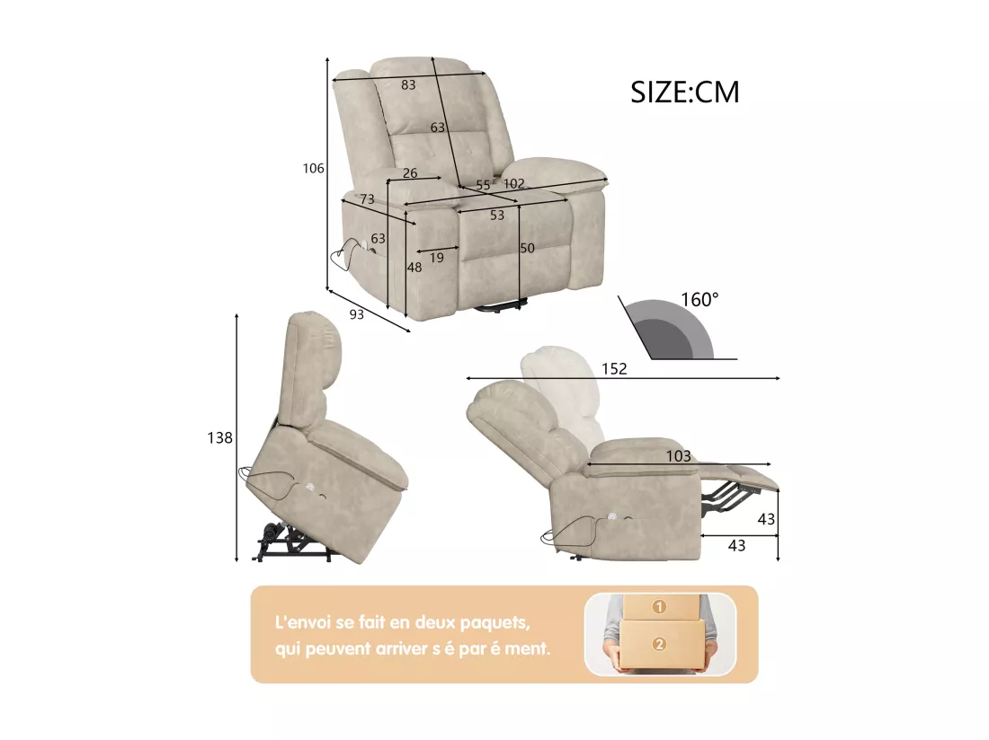 Fauteuil inclinable électrique 160° avec télécommande, massage 8 points + massage lombaire 2 points, cuir PU, marron