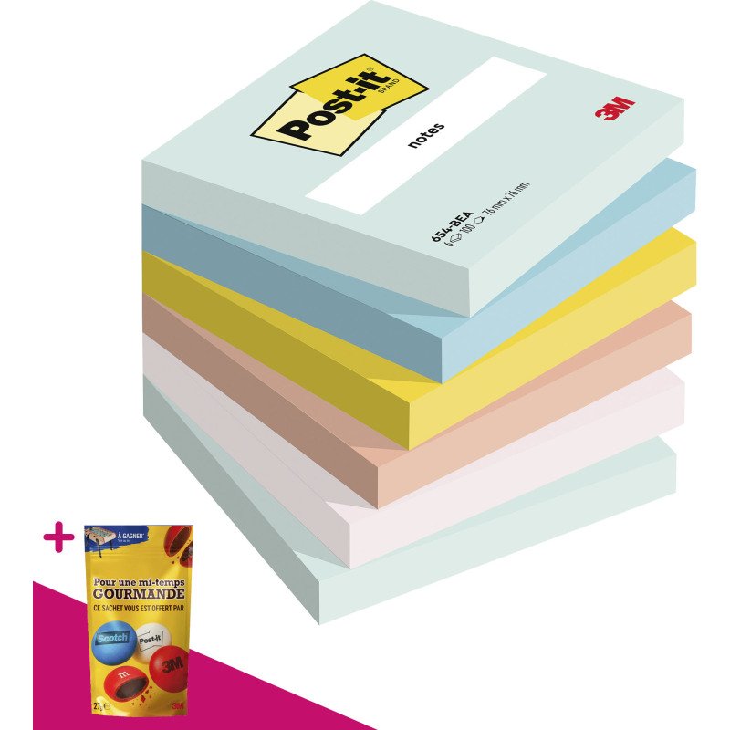 Notes repositionnables couleurs Beachside Post-It - bloc de 100 feuilles = Pour l'achat 12 notes repositionnables, 1 sachet de M&M OFFERT