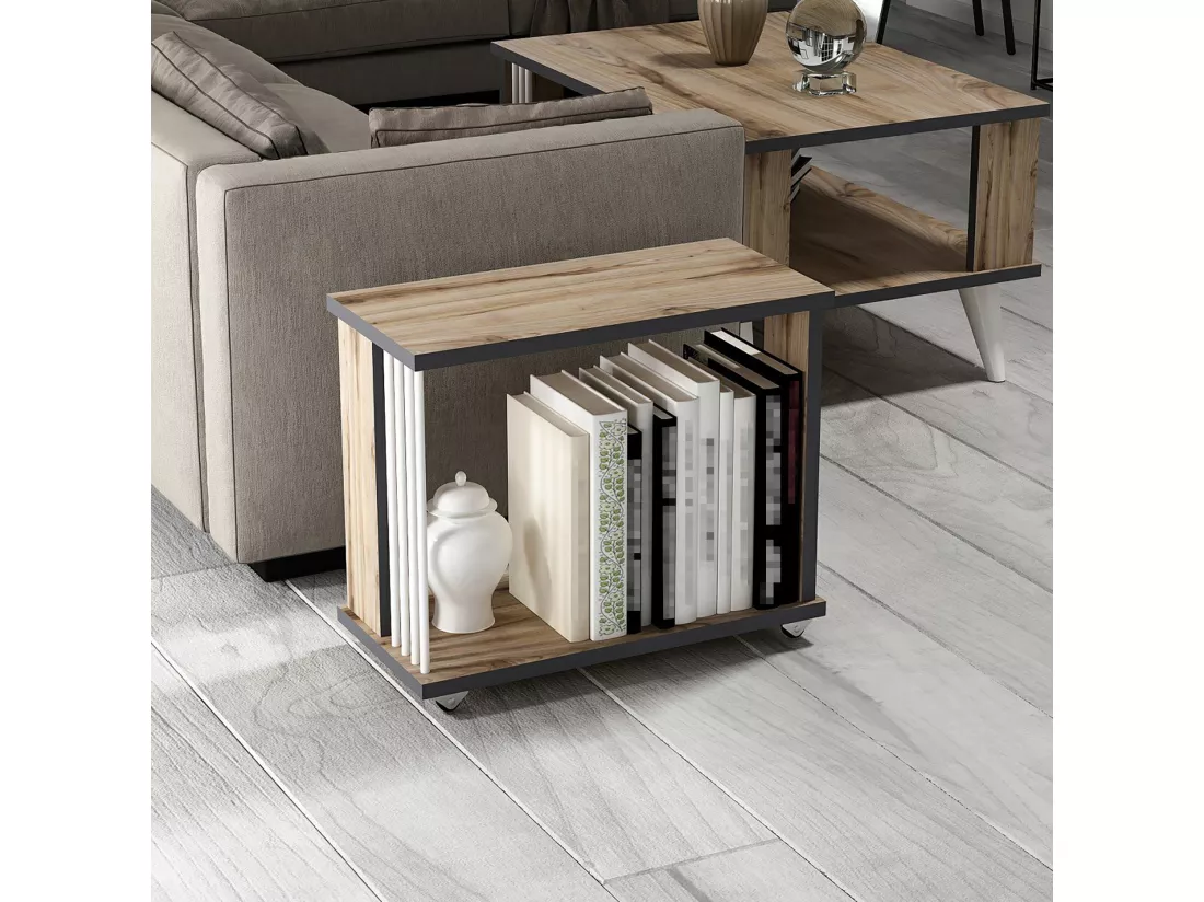 Table d'appoint rectangulaire Haarby à roulettes effet chêne / anthracite / blanc [en.casa]