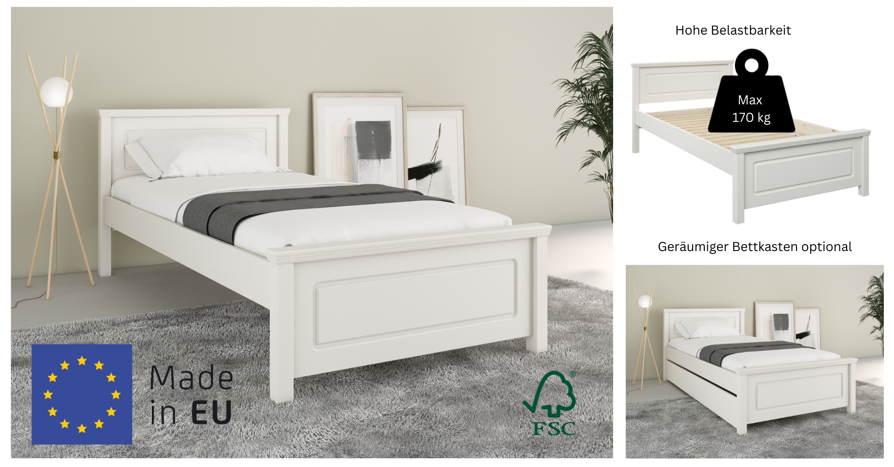 Home affaire Bett »Svea, Komforteinstiegshöhe und Breite, auch für Senioren geeignet« H/B/L ca.  86/100/200 cm,  Belastbarkeit 170KG! Schublade optional, Massivholz, mit Lattenrost
