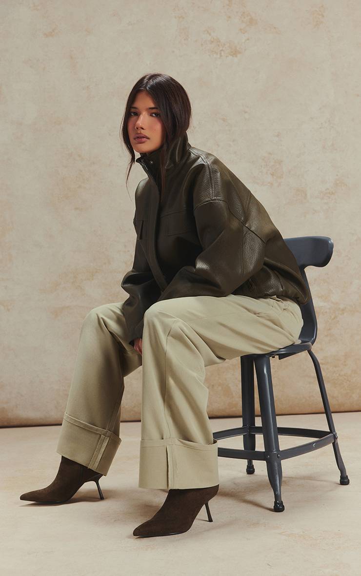 Vert Sauge Pantalon Large Plissé Ajusté En Tissu Tissé