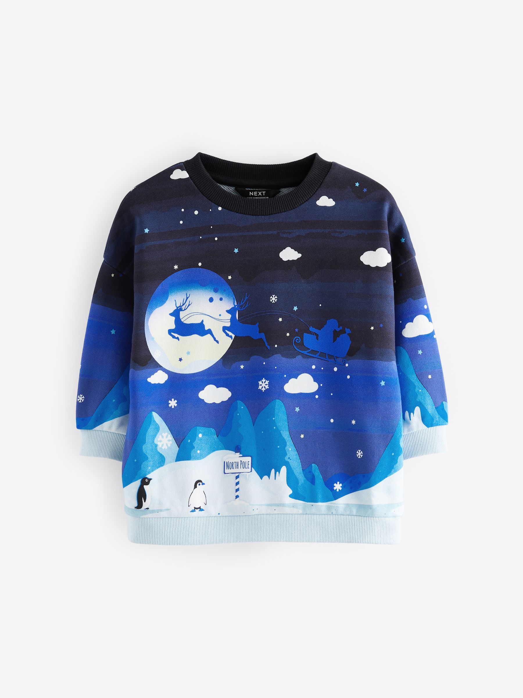 Marineblauw rendiertafereel - Kerstsweatshirt met ronde hals van 100% katoen (3 mnd - 7 jr)