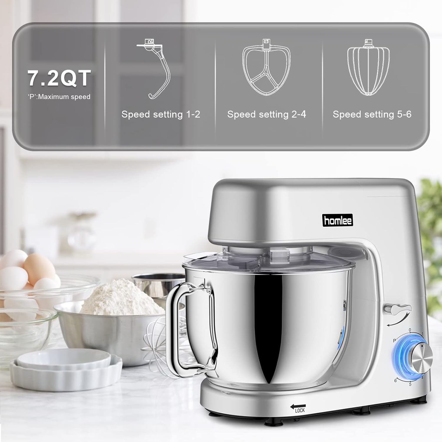 Robot Patissier Homlee 1800W 7,2L Professionnel Robot Ptissier Petrin Multifonctions Robot Cuisine Faible Bruit Batteur sur Socle avec Bol en Acier Inoxydable,Fouet,Batteur,Crochet,6 Vitesses