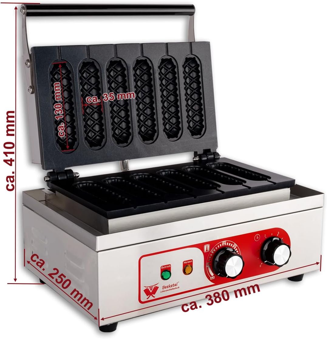 Beeketal 'BWA-9' Profi Gastro Stiel Waffeleisen für Waffeln am Stiel mit antihaftbeschichteten Backplatten, Waffelautomat für 6 Stielwaffeln mit Edelstahl Gehäuse, 50-300 °C stufenlos