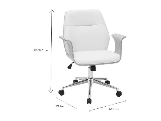 Chaise de bureau à roulettes design blanc, bois clair et acier chromé RUFIN