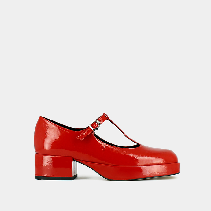 Salomés à petits talons et semelles épai...  en vernis plissé rouge