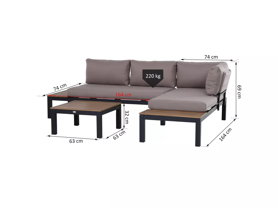 Ensemble salon de jardin d'angle design contemporain 5 places coussins marron table basse alu. noir et imitation bois
