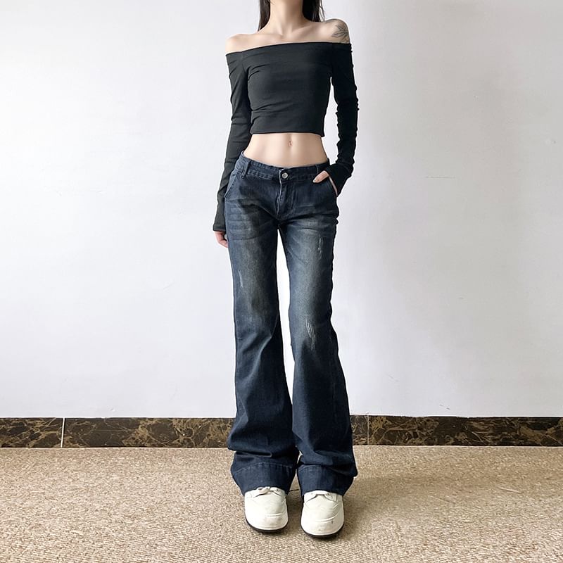 PolkaBella - Lage taille distressed gewassen bootcut jeans