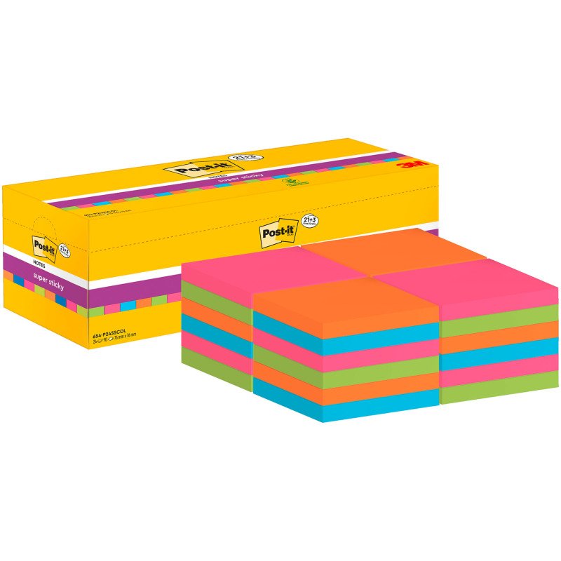 Pack de 21 notes repositionnables couleurs Super Sticky Post-It 76 x 76 mm - bloc de 90 feuilles+ 3 notes offertes
