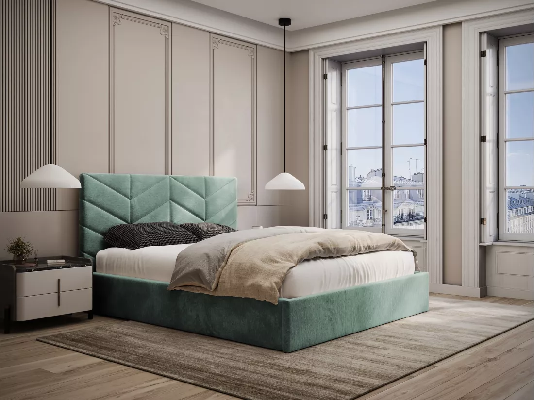 Lit coffre 160 x 200 cm - Tissu texturé - Vert amande + Matelas - JUSTANI